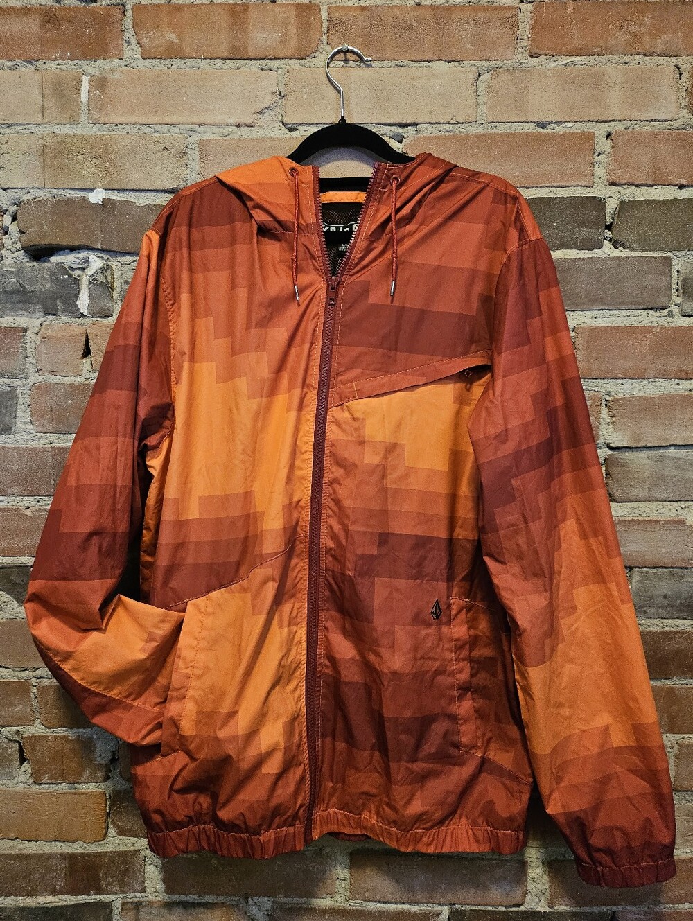 Volcom Orange & Maroon Pixel/Aztec Windbreaker - Large